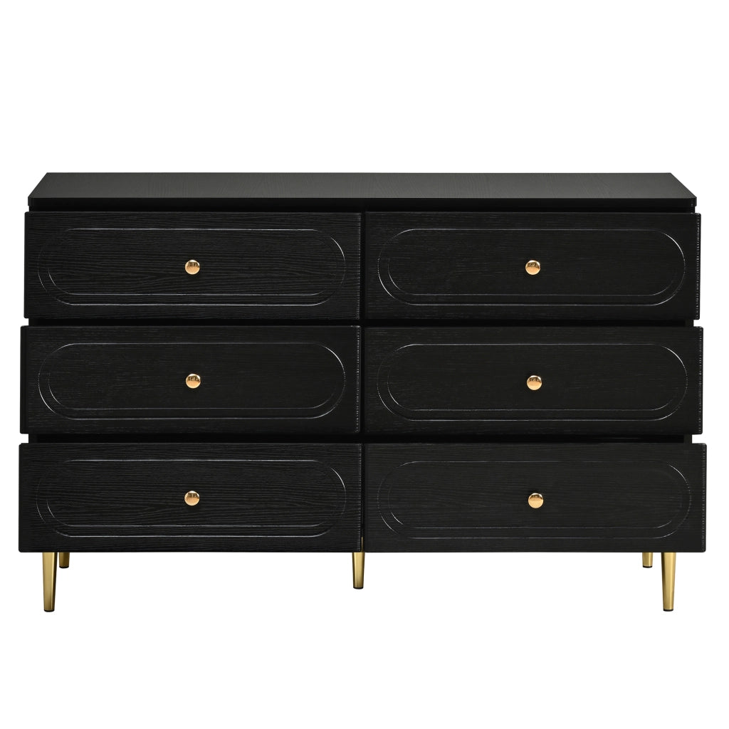 Credenza con 6 cassetti e piedi in metallo per soggiorno e ingresso, design con incisioni ovali, nero, 120 × 40 × 75 cm