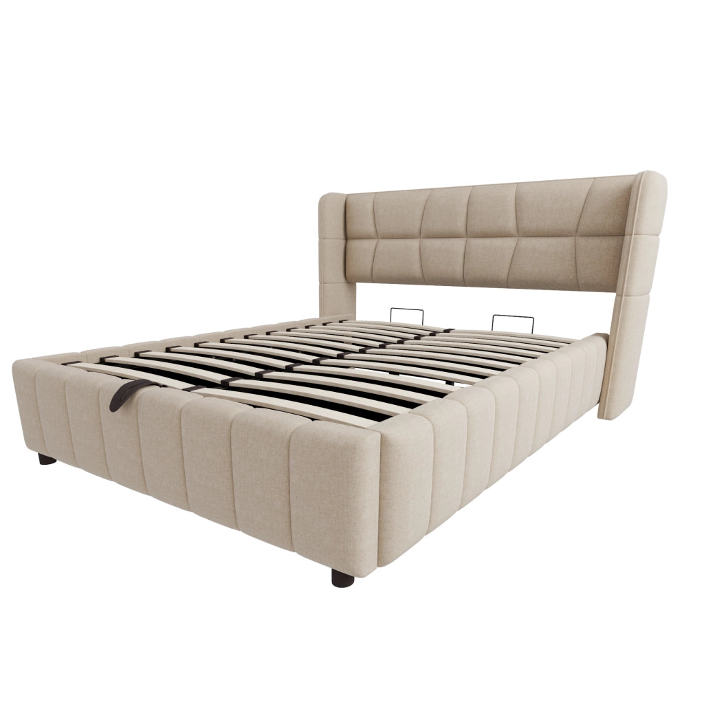 Letto imbottito 140x200 cm con contenitore e rete a doghe; in tessuto beige