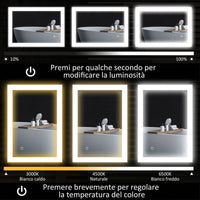 Specchio da Bagno 70x3x50 cm Illuminato a LED 3 Tonalità Cornice in Alluminio Nero