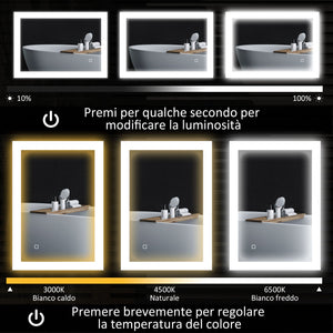 Specchio da Bagno 70x3x50 cm Illuminato a LED 3 Tonalità Cornice in Alluminio Nero
