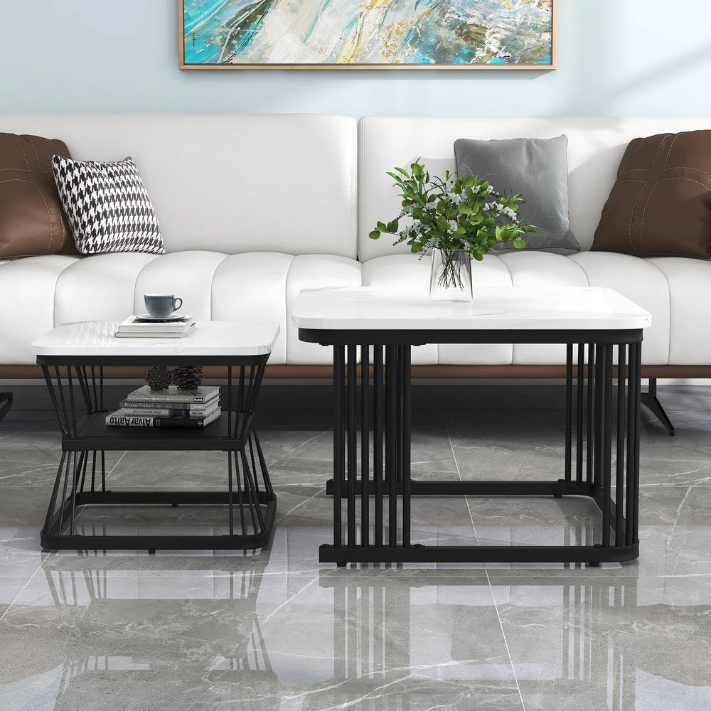 Set 2 Tavolini da Salotto ¨C Xylo ¨C MDF Effetto Marmo, Metallo Bianco Lucido e Nero