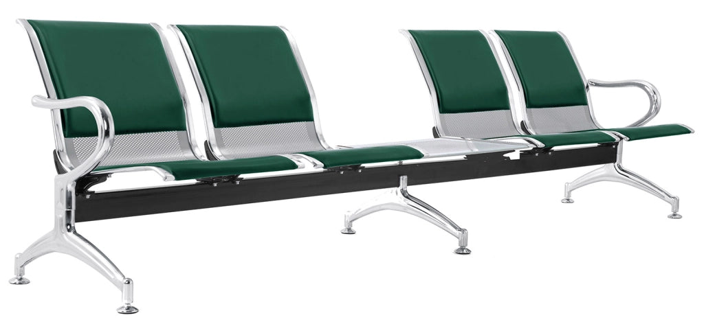 Panca per Sala Attesa 4 Posti da Ufficio con Cuscino e Tavolino in Acciaio e Similpelle Argento/Verde