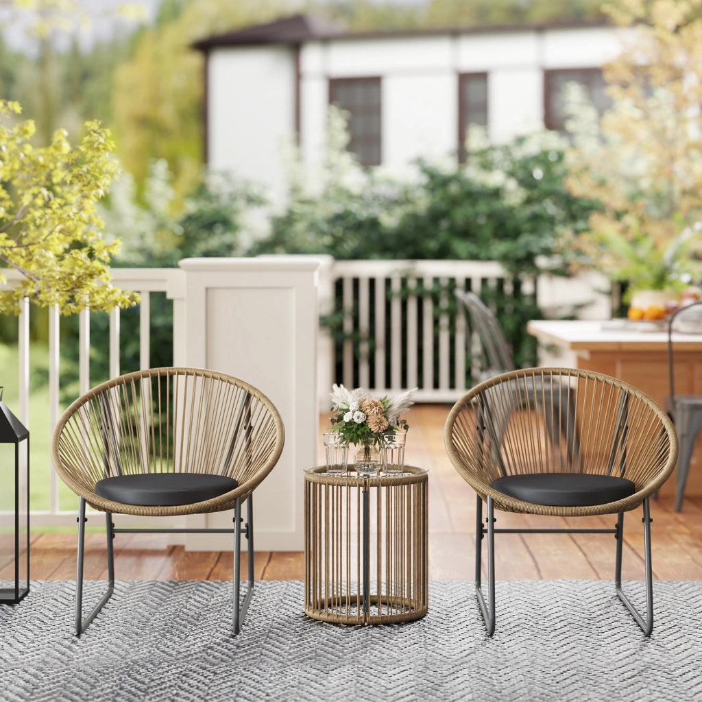 Set da Giardino 3 Pezzi in Rattan e Acciaio con 2 Sedie con Cuscini e Tavolino da Caff¨¨ a Cilindro, Multicolore