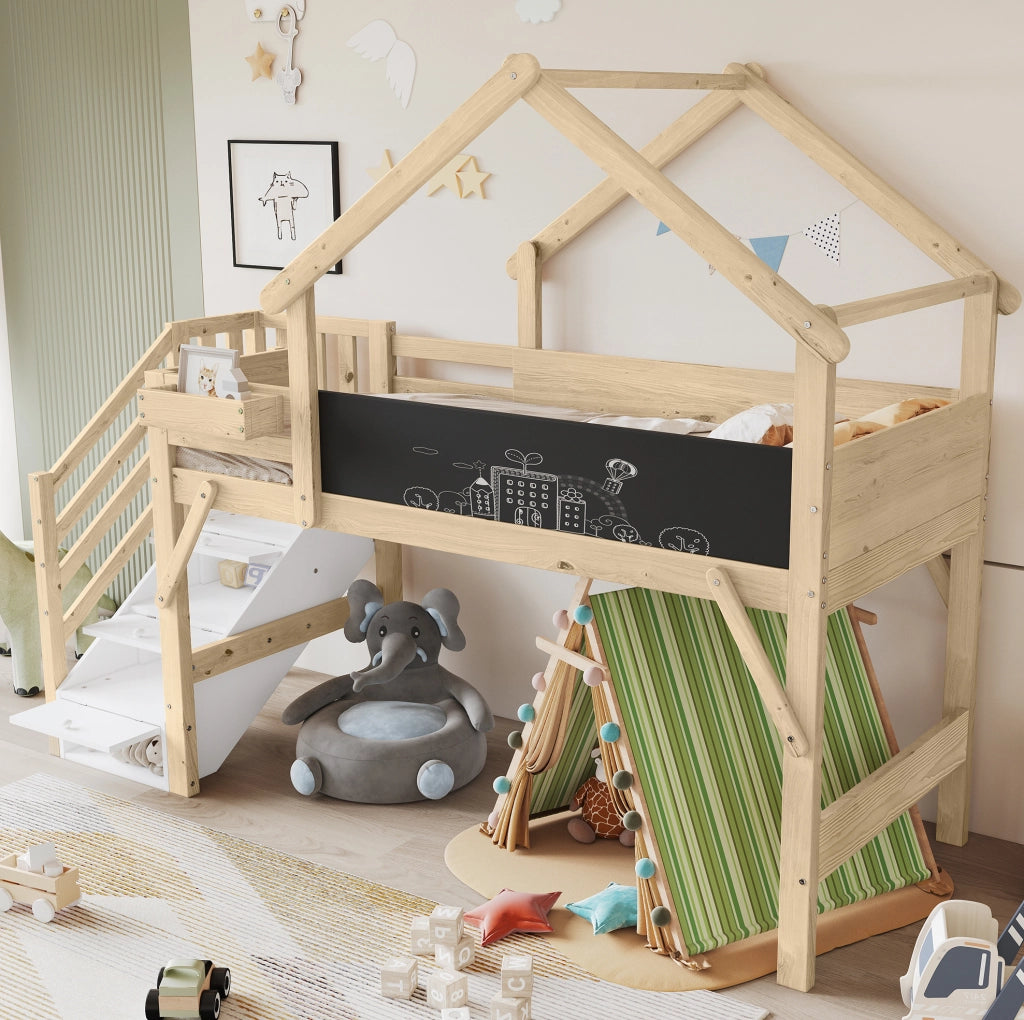 Letto a castello 90x200 cm con lavagna; scala contenitore a 3 vani; bianco e naturale