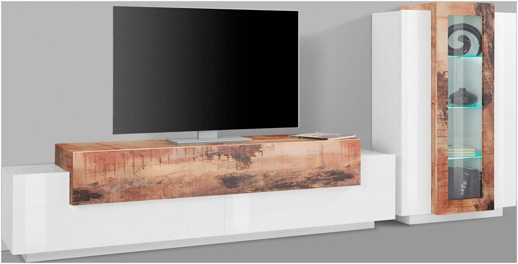 Parete Attrezzata Soggiorno Porta TV 200x45x51,6 cm con Vetrina Coro Bianco Lucido e Acero Pereira