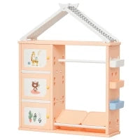 Armadio Cameretta, Mobile Portagiochi con Contenitori e Appendiabiti in PE Arancione, 128x34x155cm