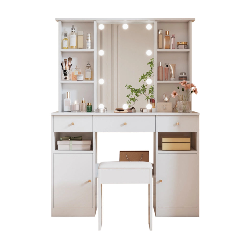 Toeletta bianca con specchio LED, 3 cassetti e 2 ante