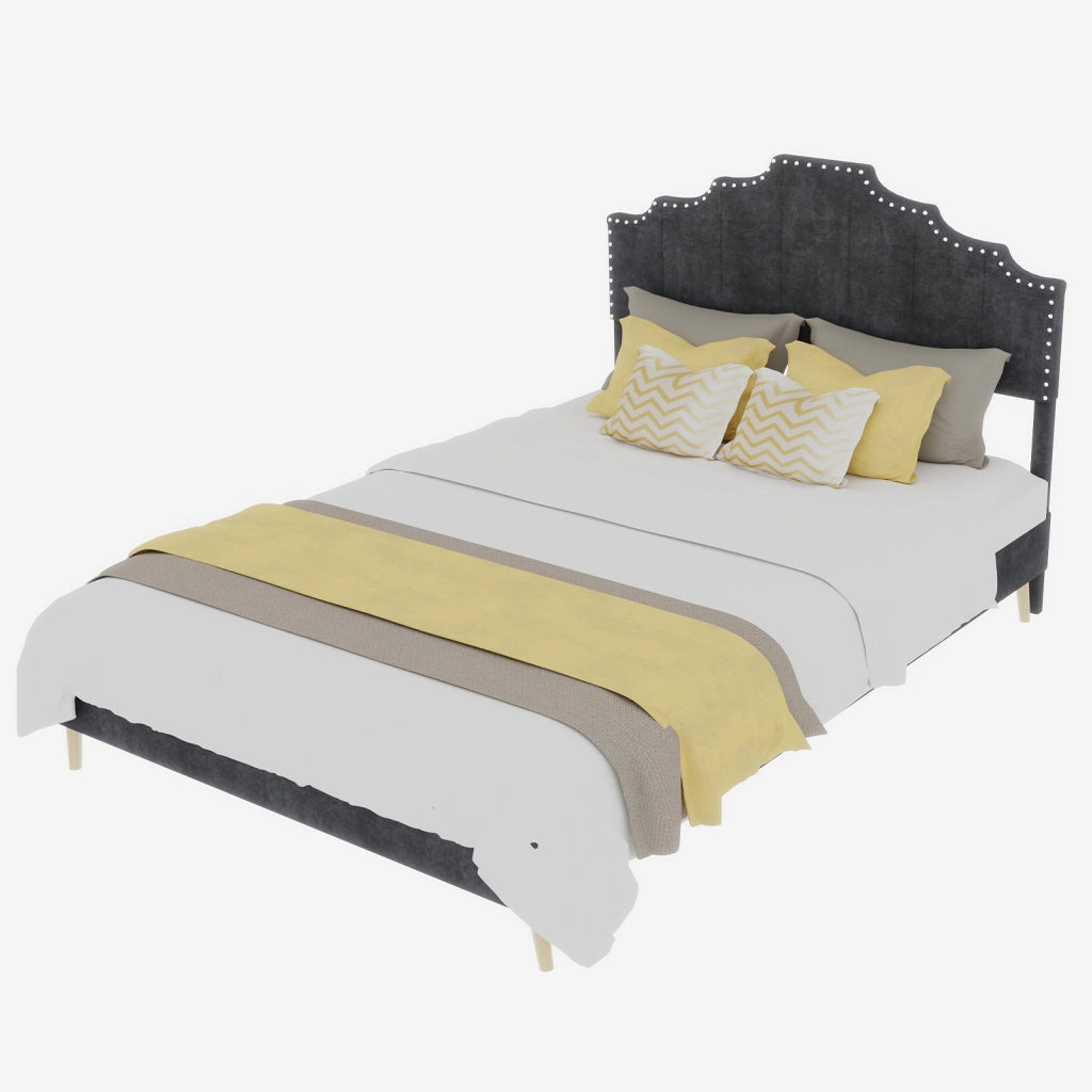 Letto 160x200 cm con Testiera Geometrica; Struttura in Tessuto e Metallo; Grigio