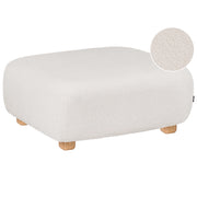 Pouf ottomano rettangolare imbottito in tessuto bouclè bianco sporco idrorepellente, modulo divano con gambe in legno, modello moderno monoposto