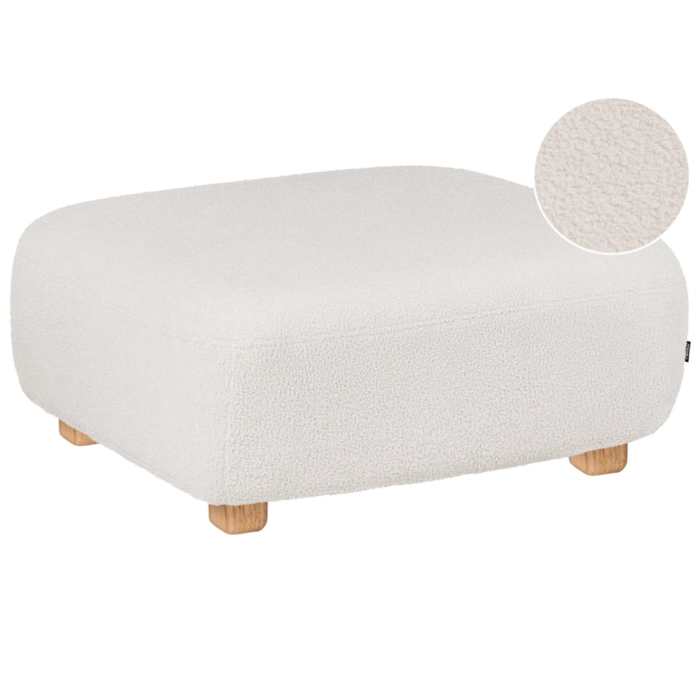Pouf ottomano rettangolare imbottito in tessuto bouclè bianco sporco idrorepellente, modulo divano con gambe in legno, modello moderno monoposto