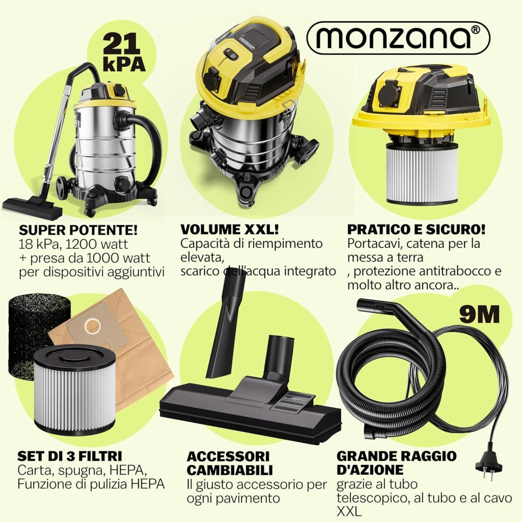 ® Aspirapolvere Liquidi Solidi 30L 2200W Presa Certificata GS Raggio 9m Aspiratore Secco Umido Industriale Acciaio Inox con Funzione di Soffiaggio