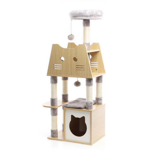 Fudajo Albero tiragraffi Legno grigio 126cm Con casetta per gatti, nicchia, colonne in sisal, cuccia