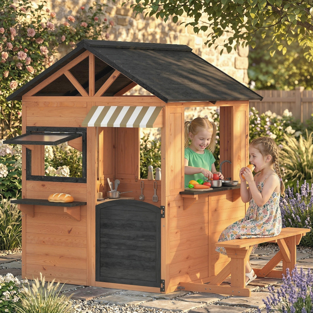 Casetta bambini in legno con cucina giocattolo e panchina ¨C zephmum ¨C marrone
