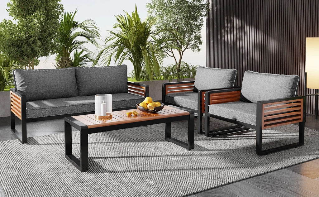 Set salotto giardino 4 pezzi: ferro zincato; Divanooo 2 posti + 2 poltrone + tavolo; braccioli legno; grigio anticato