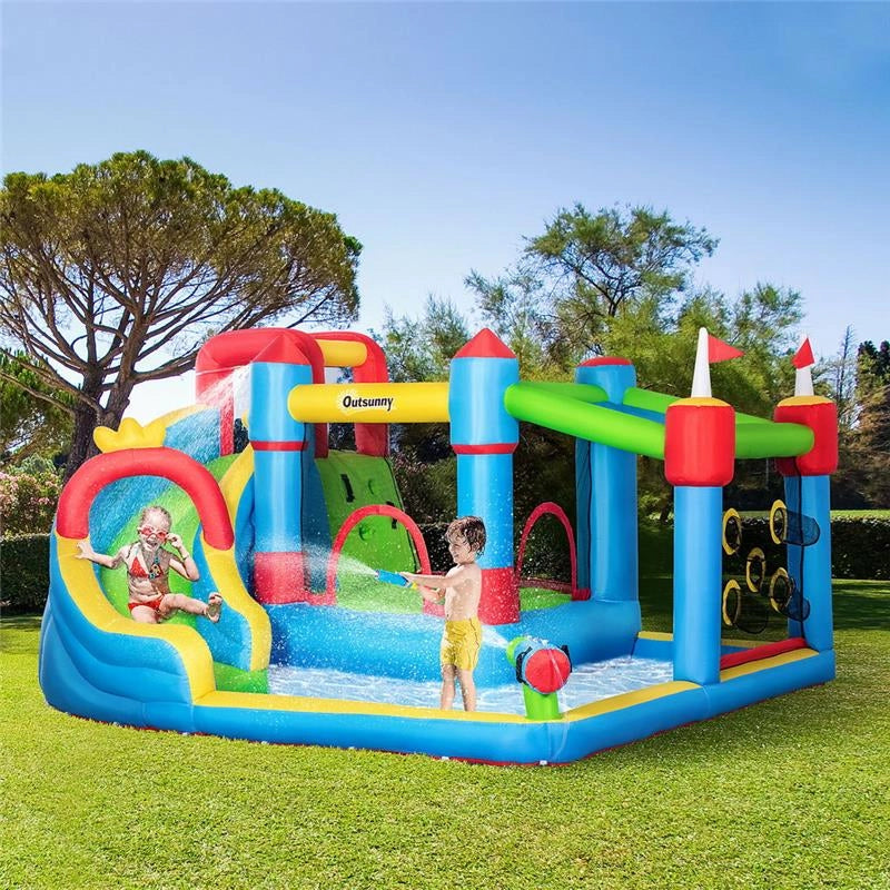 CASTELLO GONFIABILE PER BAMBINI CON SCIVOLO, TRAMPOLINO E PISCINA, 390X300X197CM