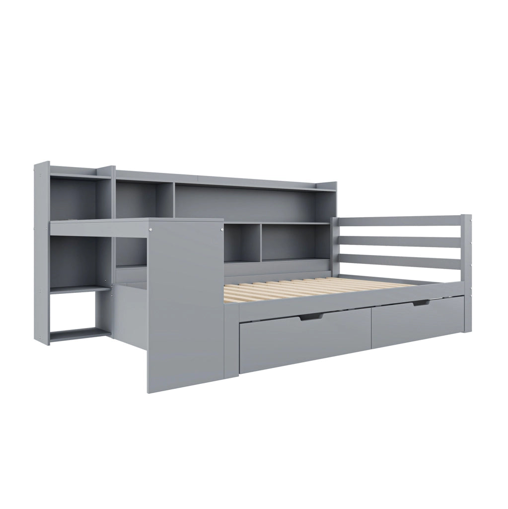 Letto da giorno ULEVR 90x200 cm con scrivania, libreria, 2 cassetti e prese USB, grigio