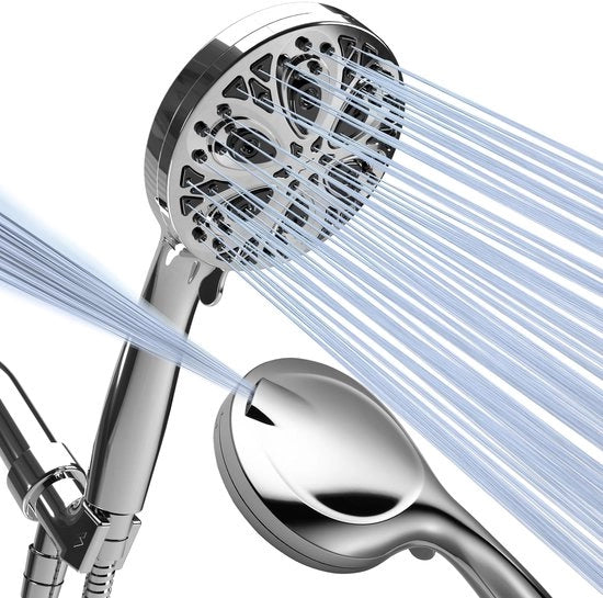 Douchekop con 10 regolazioni - Maniglia da doccia a 5" con alto getto e getto ad alta pressione - Incluso tubo in acciaio inox e gancio (cromato lucido)