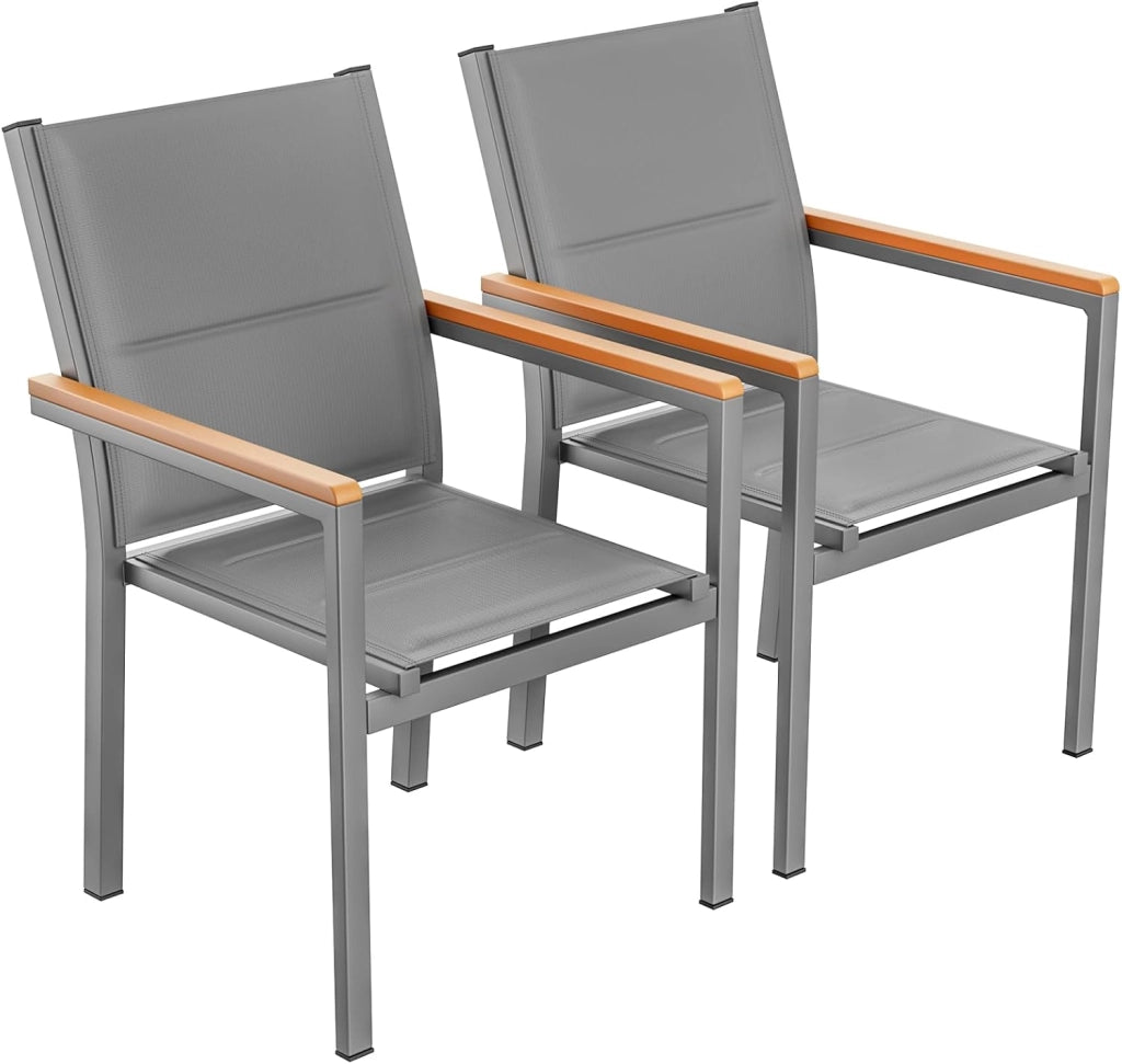 Set di 2 sedie da giardino in alluminio, con schienale e seduta trapuntati, impilabili, per sala da pranzo, in WPC, per terrazza, balcone, terrazza, piscina, ristoranti, colore nero, 2 pezzi