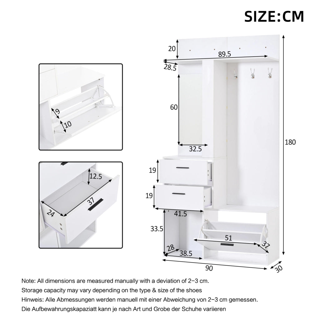 Guardaroba da ingresso 90x30x180 cm con specchio, scarpiera e 2 cassetti bianco HAVRYA