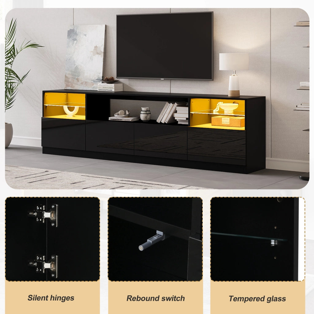 Mobile porta TV con LED, 4 ante, 8 vani e 2 ripiani in vetro temperato per soggiorno, nero, 180 × 35 × 60 cm