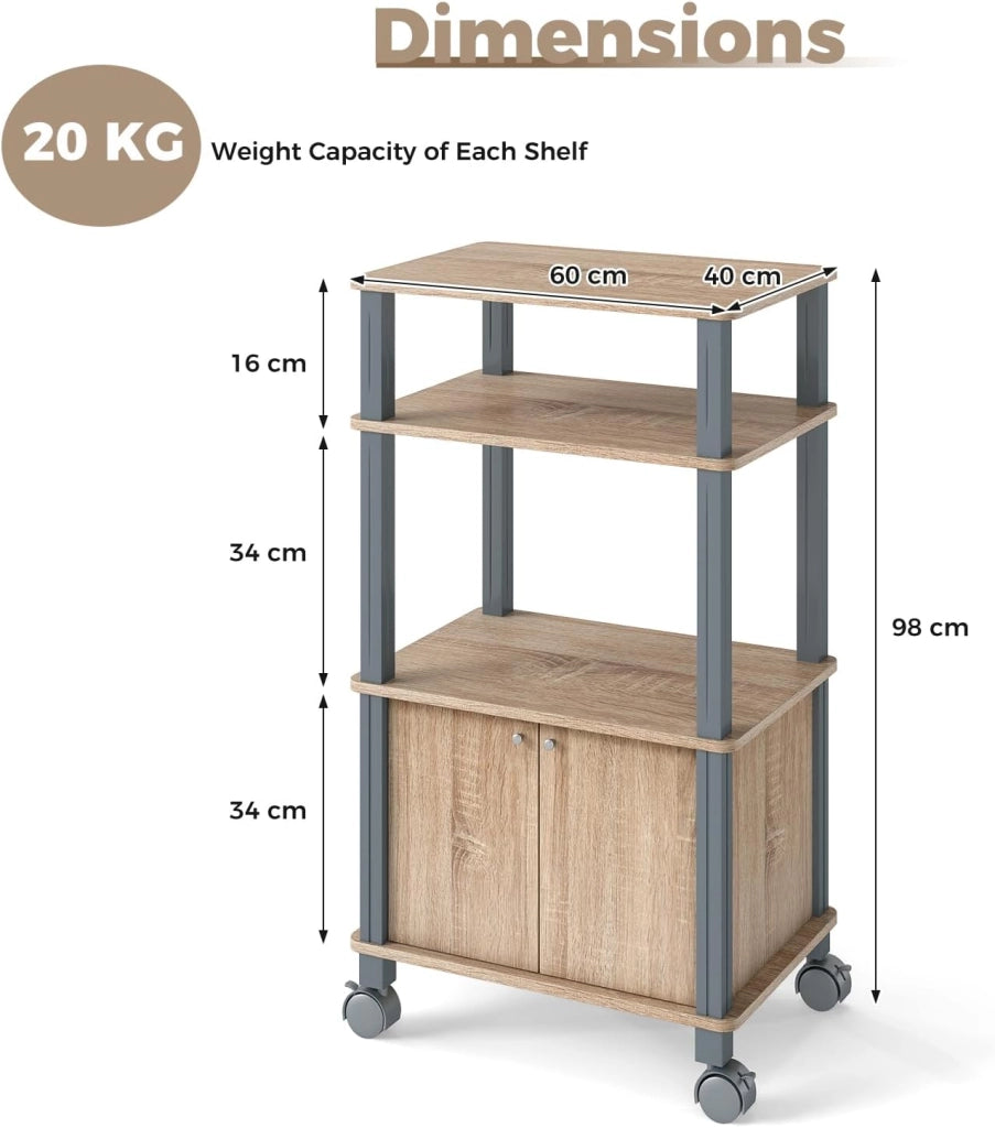 Carrello da Cucina a 3 Livelli per Microonde, Carrello Portaoggetti con Ruote e Armadio con Porta, Carrello di Servizio in Legno, Organizer per Sala da Pranzo, 60 x 40 x 98 cm (Naturale)