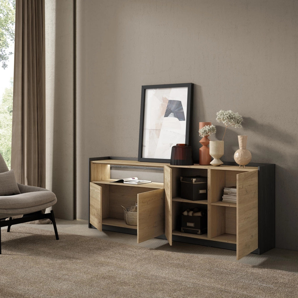 Credenza, Mobile, Cucina, 207x80x37 cm, 4 Porte, LED, Rovere e nero