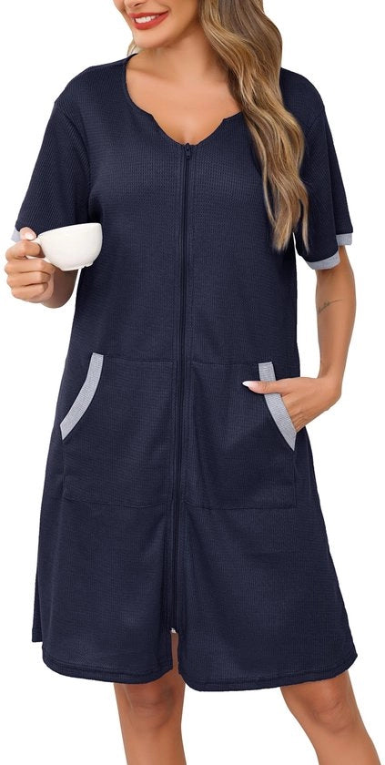 Badia in lana wafelata per donne con cerniera, pigiama, leggera, respirante, badia in lana wafelata per donne, lunghezza ginocchiere con tasche, blu marino, XL