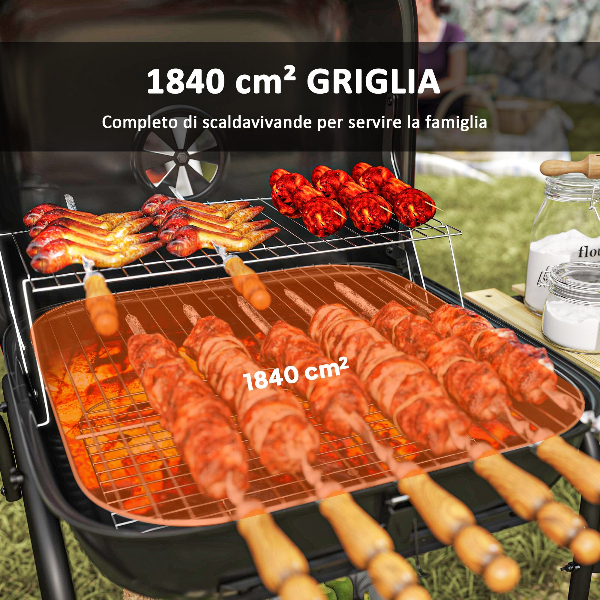 Barbecue a Carbone  98x54x91 cm Coperchio con Presa d'Aria Regolabile 3 Ripiani e Ruote in Acciaio e Legno Rosso