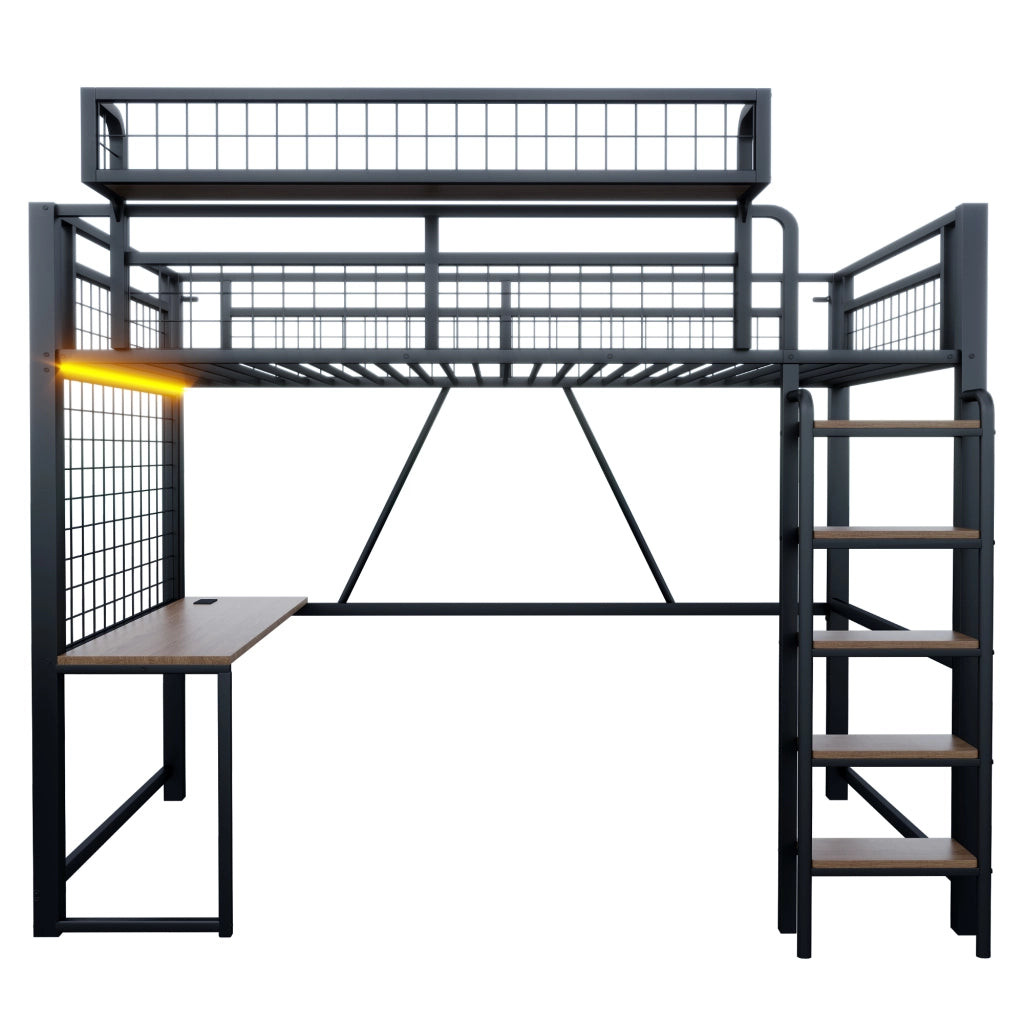 Letto a soppalco 90 × 200 cm con scrivania, rete portaoggetti, LED e presa, senza materasso, in metallo, nero
