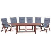 Set da pranzo da giardino Tavolo allungabile legno acacia chiaro 6 sedie con cuscini blu Schienale regolabile pieghevole in stile rustico