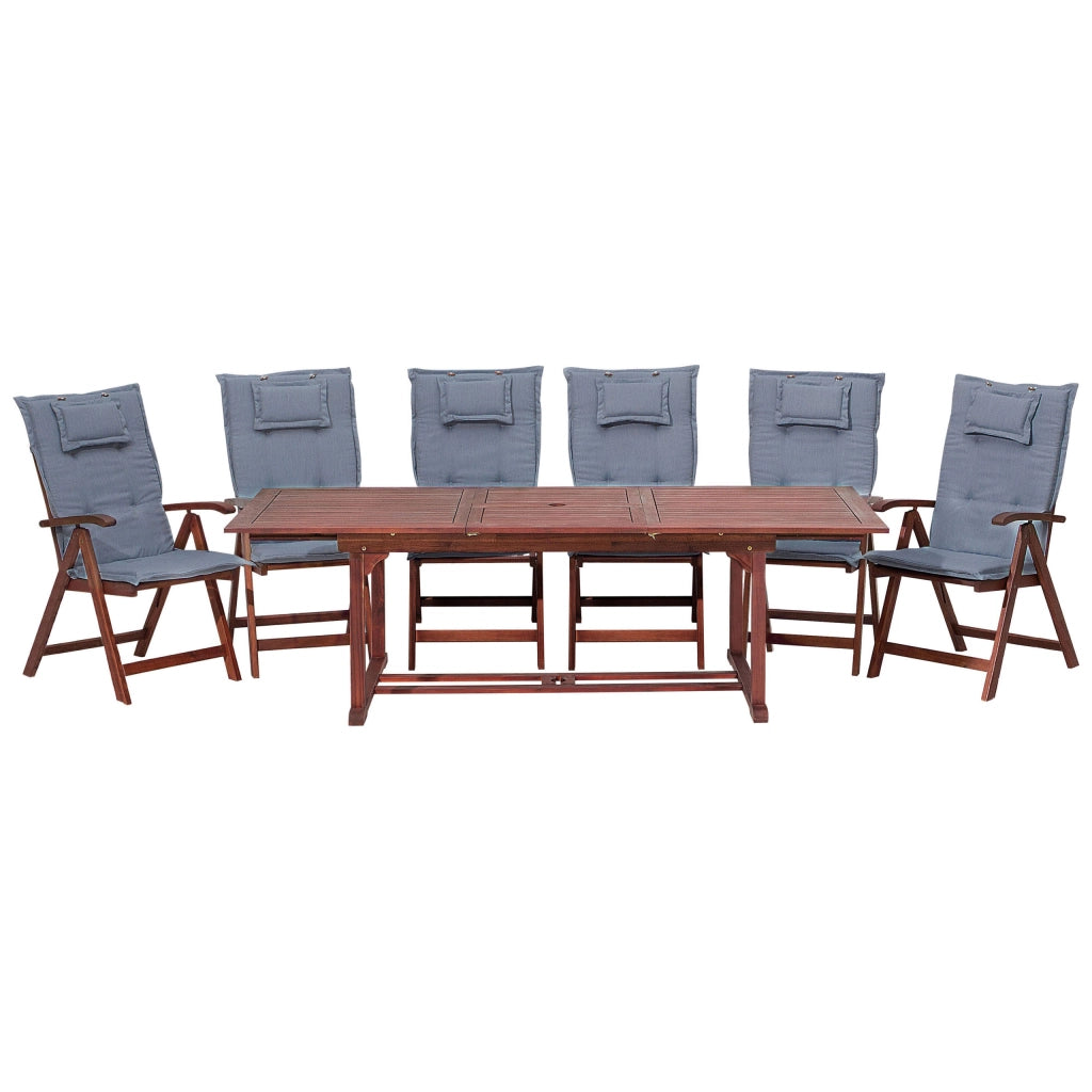 Set da pranzo da giardino Tavolo allungabile legno acacia chiaro 6 sedie con cuscini blu Schienale regolabile pieghevole in stile rustico