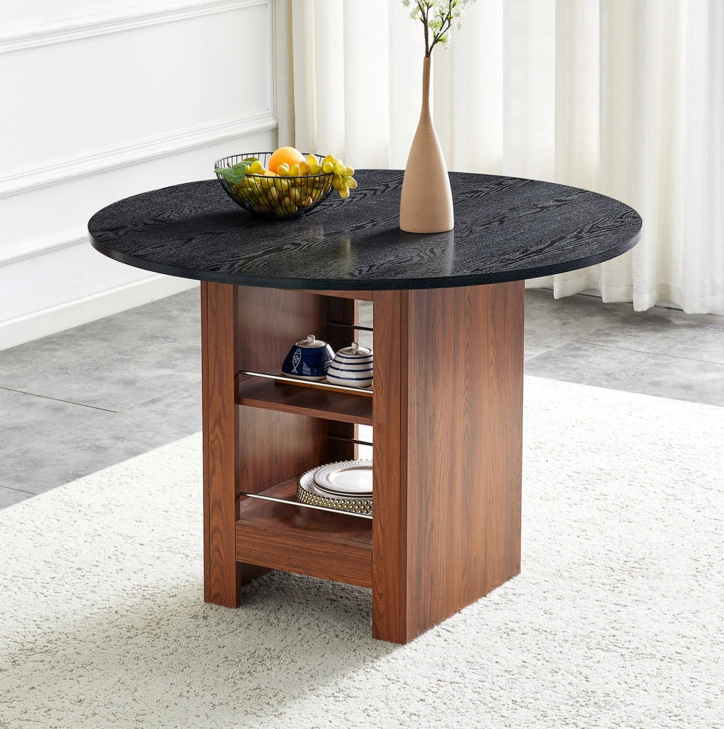 Tavolo da pranzo rotondo con vani portaoggetti; ?100 x 76 cm; MDF nero ed effetto noce