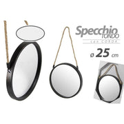 Trade Shop - Specchio 25 Cm Con Corda Specchiera Parete Tondo Moderno Nero In Metallo 777042 -