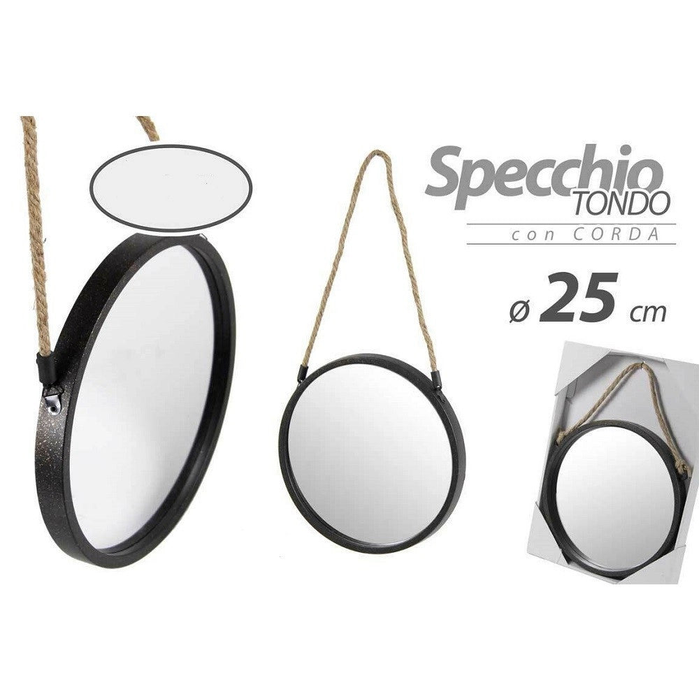 Trade Shop - Specchio 25 Cm Con Corda Specchiera Parete Tondo Moderno Nero In Metallo 777042 -