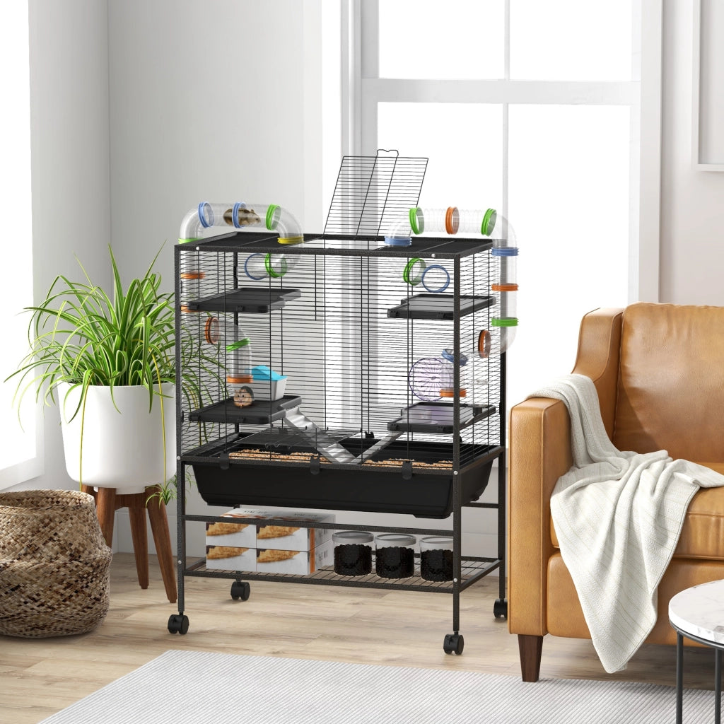 Gabbia per Criceti con Tubi, Ruota e Casetta ¨C zephmum ¨C 109x82x46 cm Nero