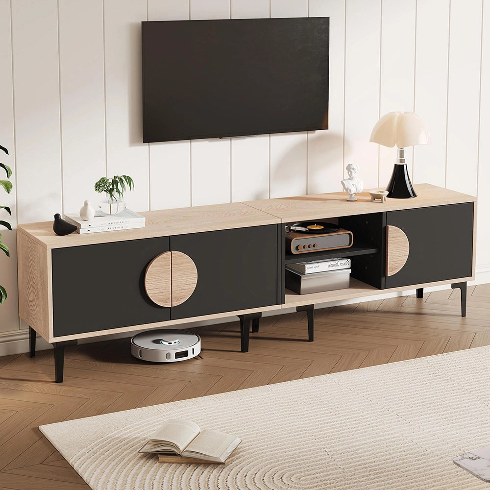 Mobile TV Basso 180x35x49cm - Xylo - 2 Ante, Colore Legno e Nero, fino a 80"