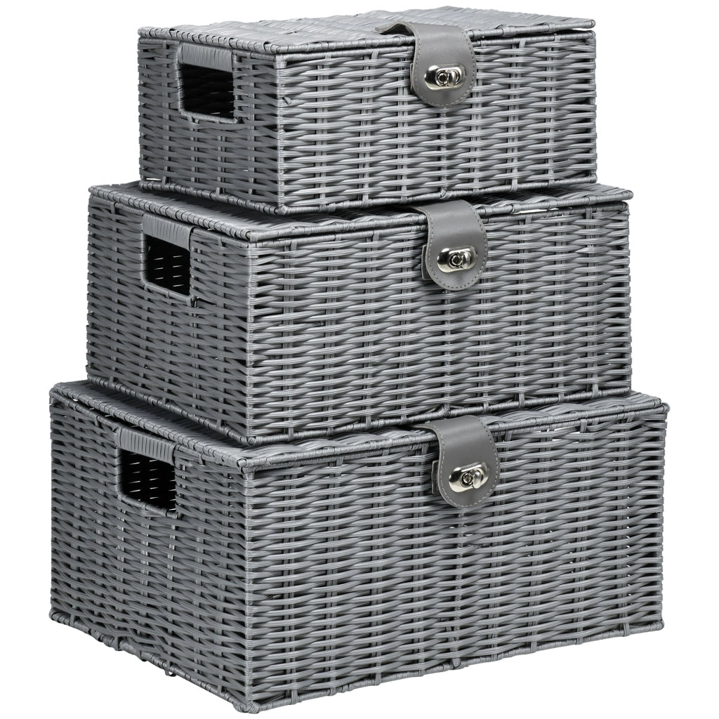 Set 3 contenitori portaoggetti con coperchio e chiusure, 18L/12L/7L, grigio
