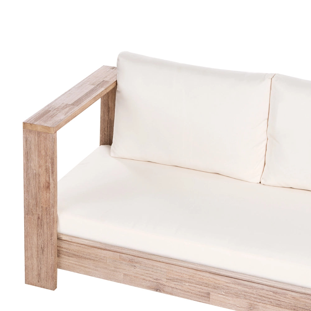 Set divano angolare da esterno in legno di acacia chiaro certificato cuscini bianchi set da salotto a 5 posti a destra e tavolino
