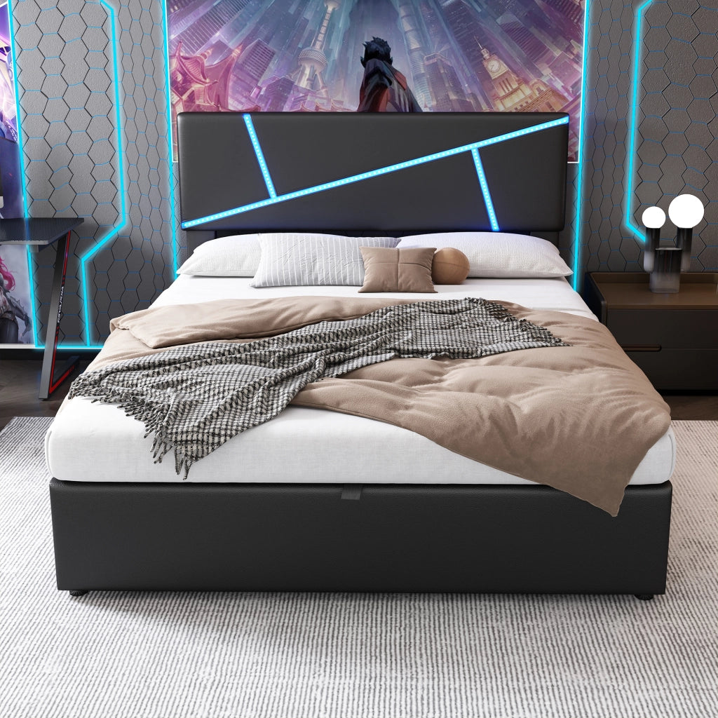Letto imbottito matrimoniale con LED, contenitore idraulico e rete a doghe, PU nero