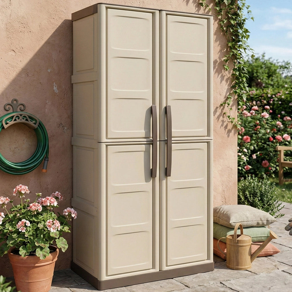 Mobile da Giardino Adenina, Armadio da Esterno 3 Ripiani Made in Italy, 70x39x165h cm Beige