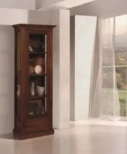 Vetrina cristalliera in legno arte povera noce scuro 1 cassetto stretta