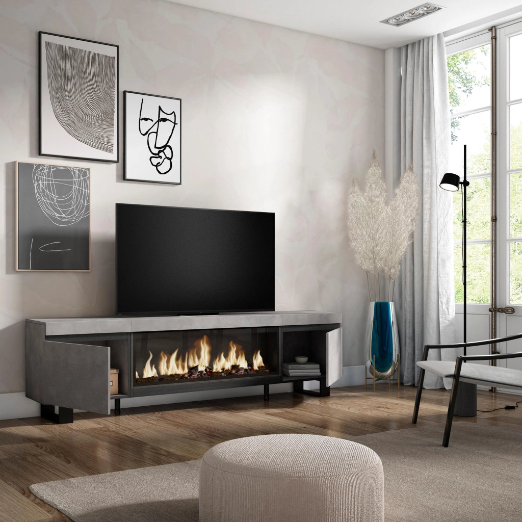 Mobile TV, Soggiorno, 208x35x57cm, Per TV fino a 80", Camino elettrico XXL, Design industriale, grigio cemento RF3211