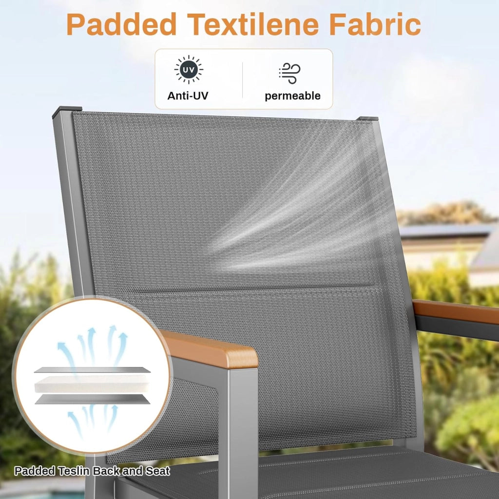 Set di 4 sedie da giardino, in alluminio, con schienale e seduta trapuntati, impilabili, per sala da pranzo, in WPC, per terrazza, balcone, terrazza, piscina, ristoranti, grigio, 4 pezzi