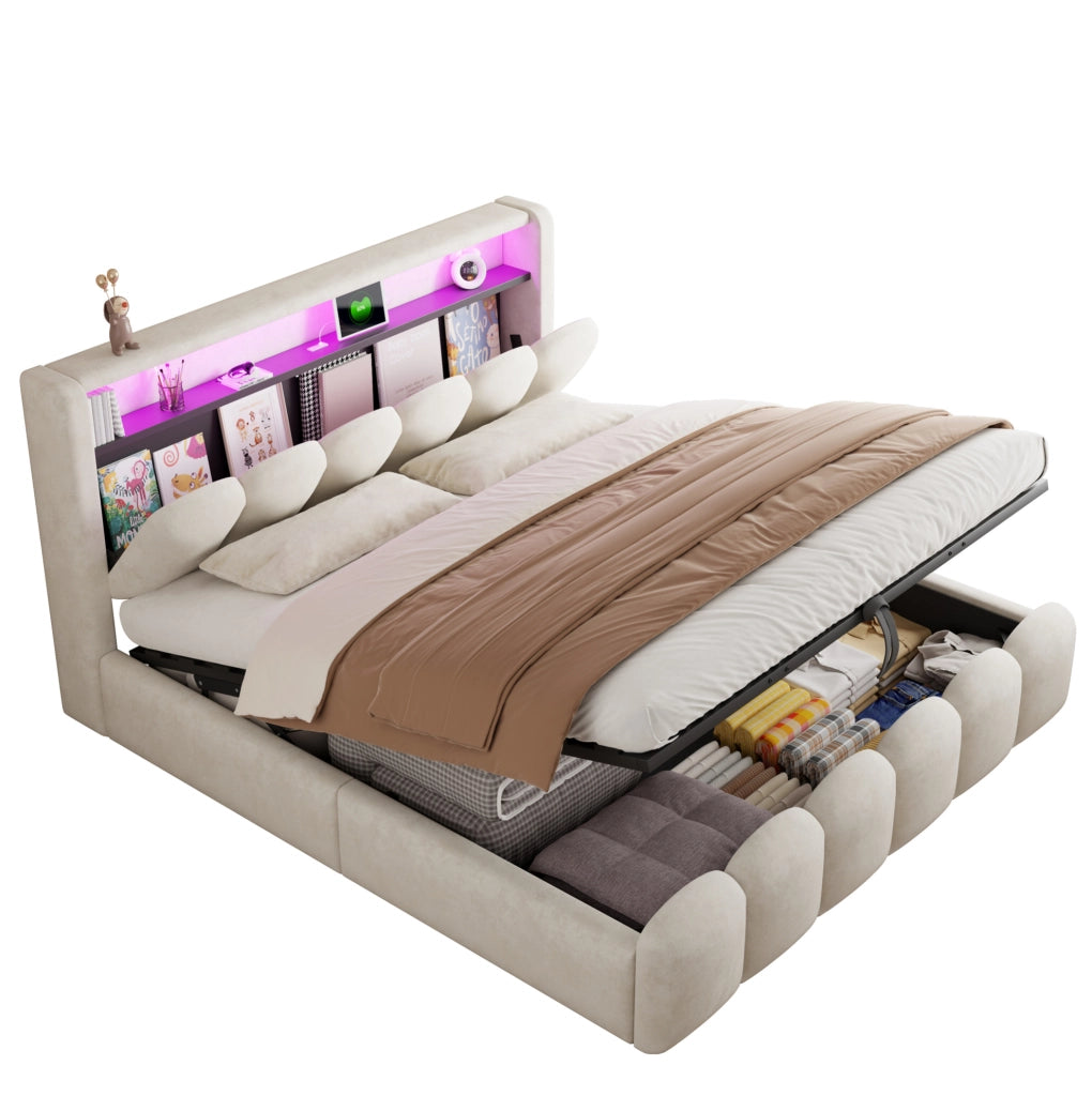 Letto matrimoniale imbottito 180x200 cm beige con LED e USB