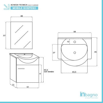 Mobile bagno sospeso 55 cm grigio completo di lavabo e specchio Desya
