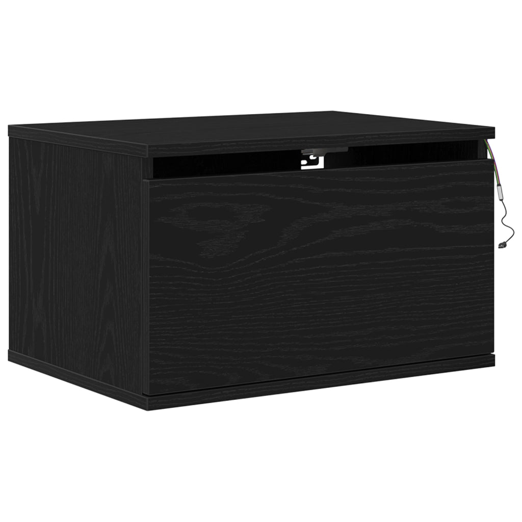 Comodino  con LED montato a parete in rovere nero 50x36x30 cm
