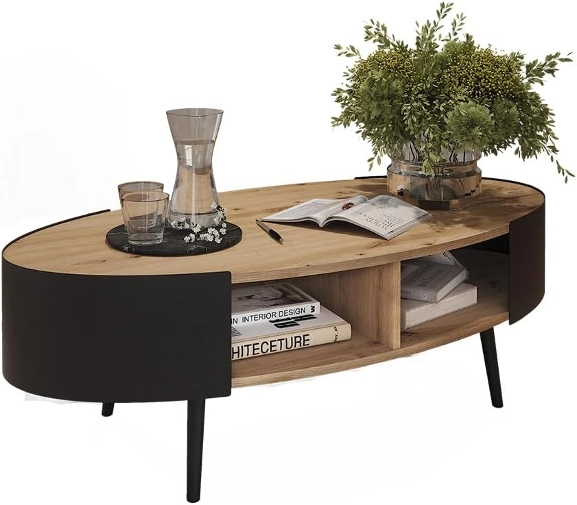 Tavolino Lofta, Nero, 120 x 60 cm, con ripiano per riviste e telecomandi