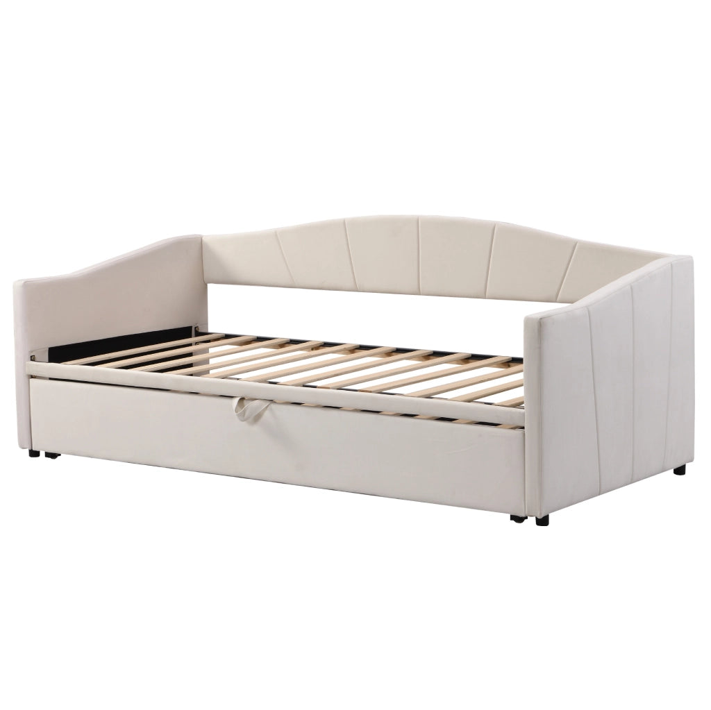 Divano letto 90x200 cm Estraibile; rete in legno; velluto beige; senza materasso