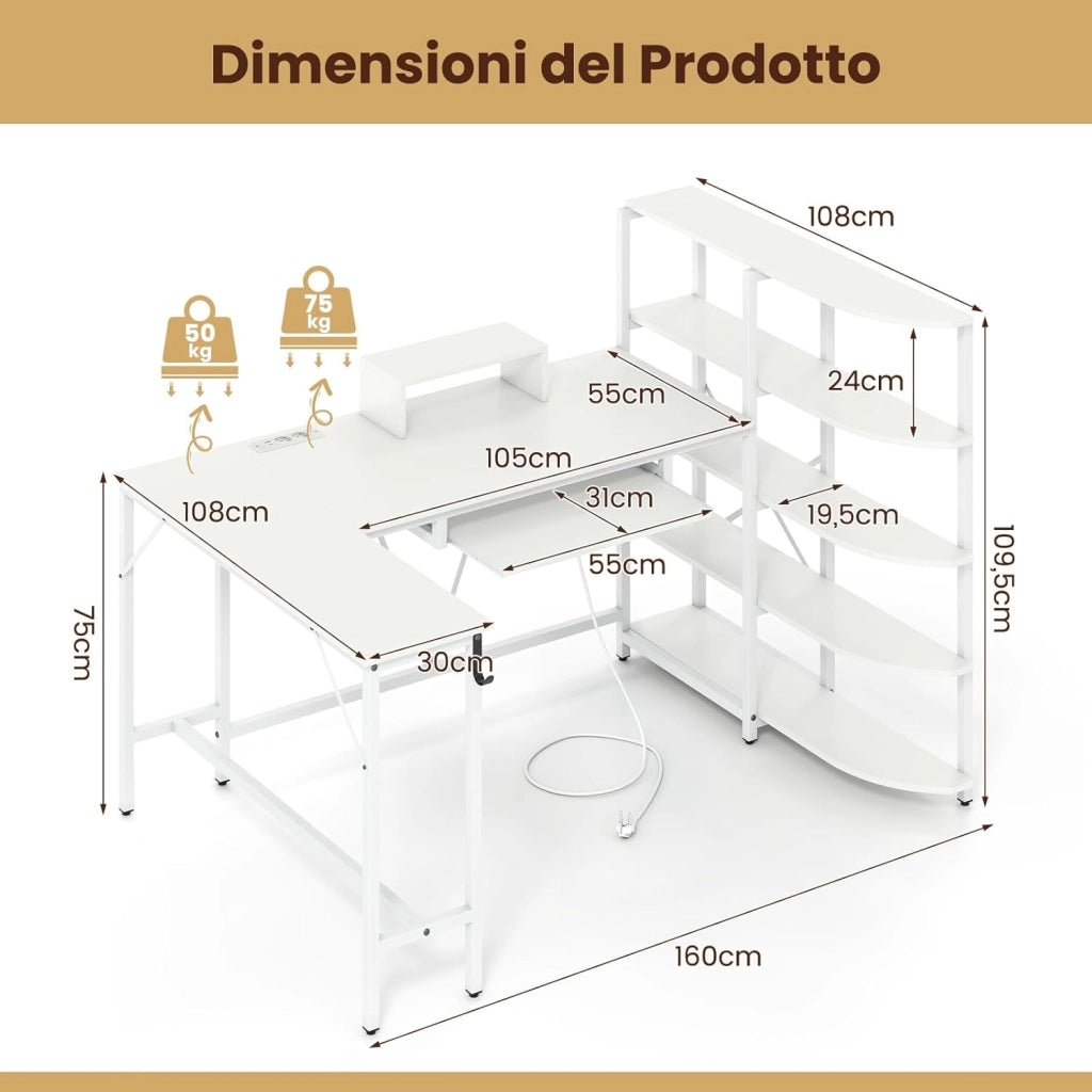 Scrivania Angolare a Forma di L, Scrivania ad Angolo Salvaspazio con Stazione di Ricarica, Scaffale, Supporto per Monitor, Gancio per Cuffie e Vassoio per Tastiera 160x108x10cm (Bianco)