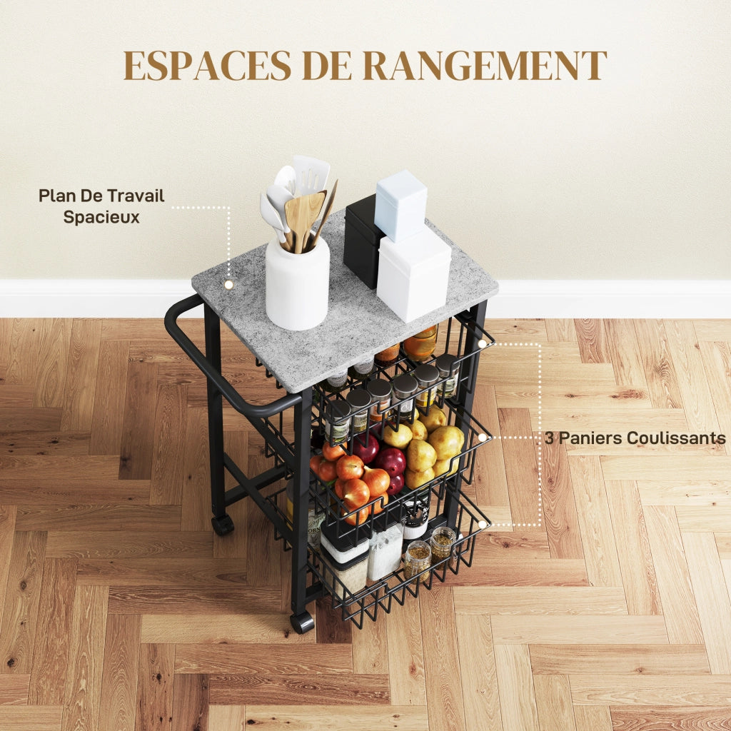 Carrello Multiuso 4 Livelli con Cassetti e Vassoio ¨C zephmum ¨C Grigio Chiaro Nero 49.5x31x69cm